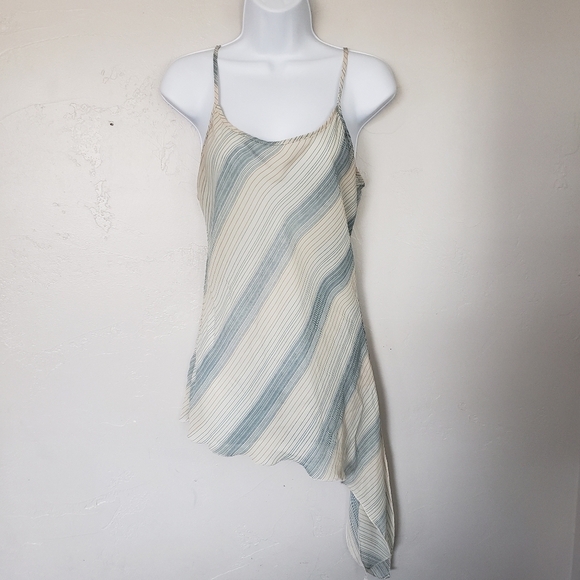Candie's Vintage Medium Chiffon Tank Top Beige Blue Stripes Asymmetrical Hem Y2K - Picture 1 of 6